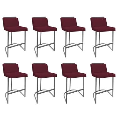 Imagem de Kit 08 Banquetas Com Encosto Nynna Luxo Confort Bistrô Cozinha Ferro Prata Suede Bordô - Amey Decor
