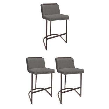 Imagem de Kit 03 Banquetas Com Encosto Confort Bistrô Cozinha Ferro Marrom Suede Cinza Amey Decor