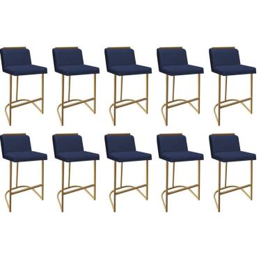 Imagem de Kit 10 Banquetas Com Encosto Confort Bistrô Cozinha Ferro Dourado Sintético Azul Marinho Amey Decor