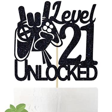 Imagem de Topo de bolo de aniversário desbloqueado nível 21 de videogame - Decorações de bolo de aniversário de 21 anos de aniversário com glitter preto - Suprimentos de decoração de festa para vencedores de