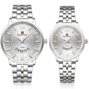 Imagem de Relogio De Pulso Conjunto Casal Em Aço Inoxidável De Quartzo Design Casual Impermeavel 3atm Branco