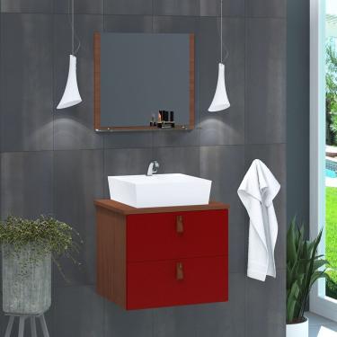 Imagem de Gabinete De Banheiro Suspenso 2 Gavetas Berlim 45cm Natura E Vinho - Vermelho