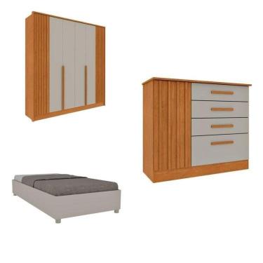 Imagem de Quarto Solteiro Guarda-roupa Ripado Nova York, Cama Solteiro Mônaco, Cômoda 4 Gavetas Nova York Cinamomo-off White