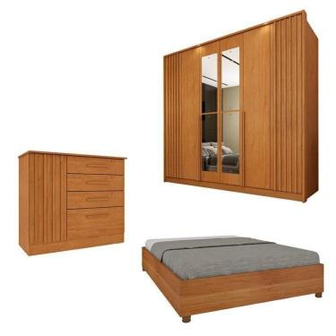 Imagem de Quarto Completo 1 Guarda-roupa Com Espelho 1 Cômoda Ripado Nova York E 1 Cama Casal Mônaco Espresso Móveis Cinamomo