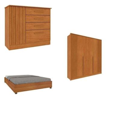 Imagem de Quarto Casal Completo Guarda-roupa 6 Portas E Cômoda 4 Gavetas Ripado Nova York E Cama Queen Mônaco Cinamomo