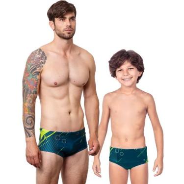 Imagem de Combo pai e filho par sungas infantil fluor geo proteção uv 50+ kauna,