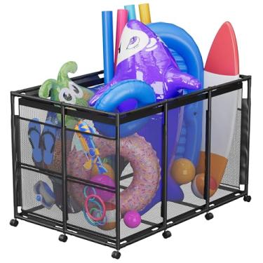 Imagem de POOLHOUR Armazenamento De Flutuadores Piscina, Organizador Brinquedos Para Áreas Externas Macarrão, Brinquedos, Flutuadores, Bolas, Equipamentos, Caixa Malha Com Rodas, Preta