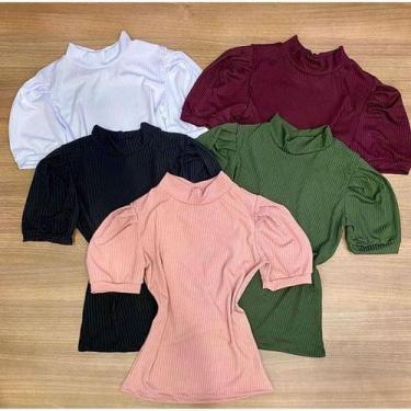 Imagem de blusa feminina gola alta manga curta bufante malha canelada  moda - Fi
