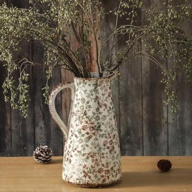 Imagem de Enra Vaso com alça, vaso floral chinês vintage de cerâmica de 31 cm, vaso de flores decorativo verde e bege, vasos grandes rústicos para decoração de casa, sala de estar, estante de livros, escritório
