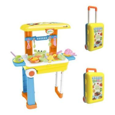 Imagem de Kit Cozinha Infantil 3 em 1 vira Maleta e Mochila Bancada Rodinha Colo