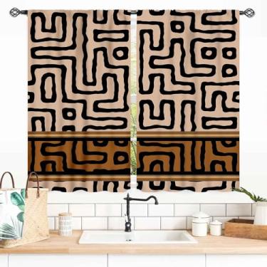 Imagem de Cortinas de pano de lama africana, boho moderna estampa geométrica abstrata tribal africana padrão étnico cortinas blackout marrom para sala de estar, quarto, cozinha, banheiro, 2 painéis, 139 x 99 cm