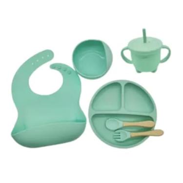 Imagem de Kit de Introdução Alimentar em Silicone - 6 Peças | Prato com Divisórias, Bowl com Ventosa, Copo, Talheres e Babador - VERDE