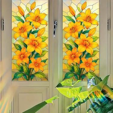 Imagem de Starlit Patio Película de janela de lírio amarelo estilo vitral painel de privacidade com aderência estática capa decorativa para porta de cozinha banheiro marquise 45 x 99,8 cm