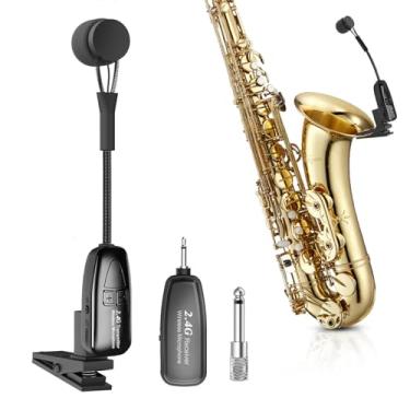 Imagem de XIAOKOA Microfone de saxofone sem fio, microfone de instrumentos de clipe de 2,4 G, transmissor e receptor recarregáveis, alcance de 30 metros, ótimo para saxofone, trompete, tuba, trombone, corneta