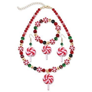 Imagem de YAHPERN Conjunto de joias de doces para mulheres, colar de pirulito de bengala doce de Natal, brincos de pulseira, acessórios de fantasia de doces de Halloween, roupas de candyland, presentes