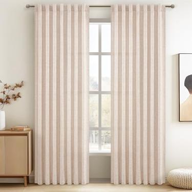 Imagem de Cortinas grossas de serapilheira 2,2 cm de comprimento 2 painéis para sala de estar, country boho linho natural aveia bege mescla cortina transparente plissada para quarto filtro de luz privacidade