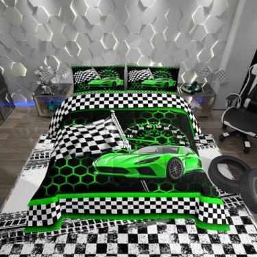 Imagem de Conjunto de edredom de carro de corrida verde infantil, tamanho solteiro, geométrico, hexágono, carro de corrida, respirável, decoração de quarto de adolescentes, preto, branco, grade treliça de
