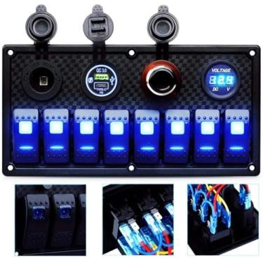 Imagem de MKING Painel de interruptor marítimo – Painel basculante impermeável de 8 grupos com disjuntor, carregador USB e tipo C, voltímetro digital, tomada de cigarro, LED azul de 12 V