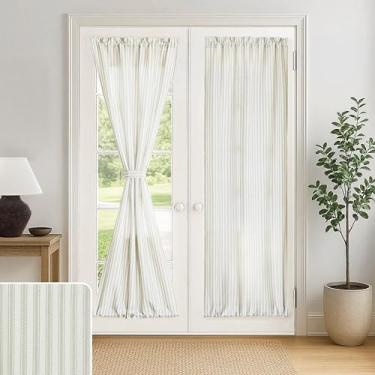 Imagem de Painel de cortina de porta francesa para cobertura de janela de porta dupla, linho listrado transparente privacidade parte superior inferior haste bolso boho, casa de fazenda, cortinas deslizantes