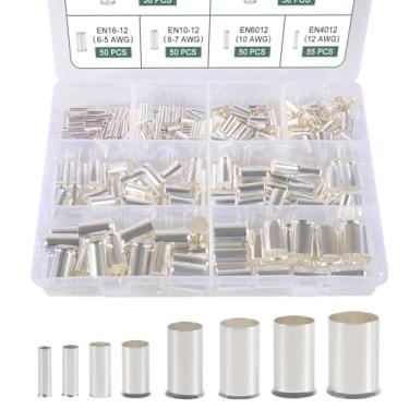 Imagem de Shutao Conector De Fio Com 305 Peças, Terminais Crimpagem, Cobre, Banhado A Prata, Cabo Elétrico Não Isolado, 8 Tamanhos, Mangas Awg, Kit Sortido Pontas Pinos Isolado