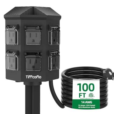 Imagem de TiFFCOFiO - Régua elétrica externa com extensão de ponta de aterramento 30M 6 terrenos para decoração externa 14AWG 15A/1875W ETL List