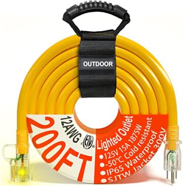 Imagem de HUANCHAIN Cabo de extensão externo de 61 m, calibre 12/3, impermeável, resistente, com extremidade iluminada, cabo elétrico flexível de 3 pinos externo, 15Amp 1875W 12AWG SJTW, amarelo, ETL