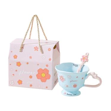 Imagem de Bothyi Caneca de café de cerâmica fofa com estampa floral feminina, xícara de café de porcelana 380ml, caneca de chocolate quente kawaii para chá com leite, Azul
