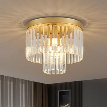 Imagem de Faibra Luminária de teto moderna de cristal dourado de 32 cm, cristal K9 de luxo de 2 camadas, para sala de jantar, cozinha, ilha, sala de estar, quarto