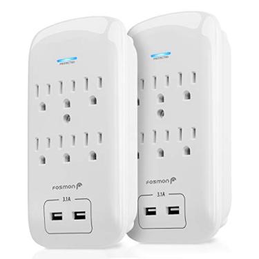 Imagem de Fosmon Protetor contra surtos de 6 saídas 1200J (pacote com 2) com carregador de duas portas USB de 3,1 A, extensor de tomada multiplugue 1875 watts, adaptador divisor de torneira de parede aterrado