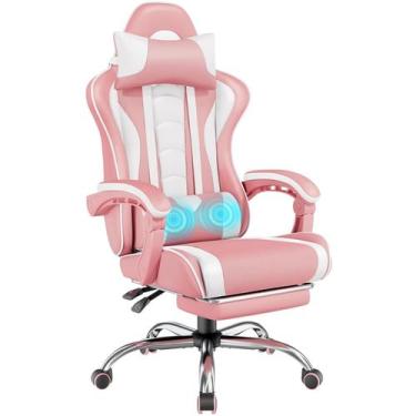 Imagem de Cadeira de jogos Yaheetech com suporte lombar de massagem rosa/branco