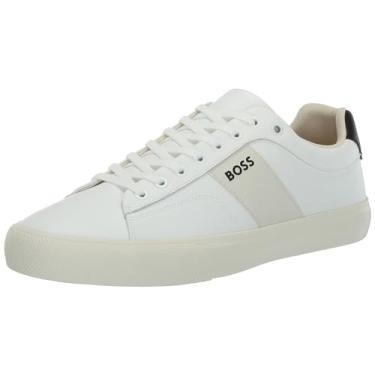Imagem de BOSS Tênis masculino de couro com logotipo Aiden e cano baixo, Branco brilhante, 12