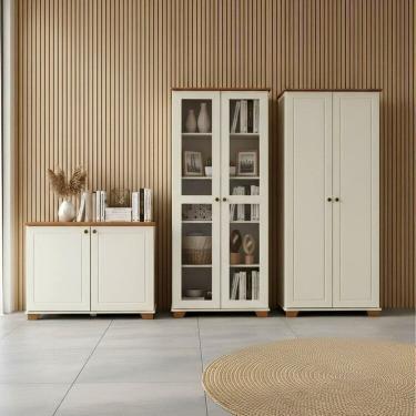 Imagem de Conjunto com 3 Armários Multiuso com Tampo e Pés em Madeira Maciça Ananda Cabecasa Madeiramadeira Off White/Mel