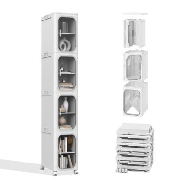 Imagem de LQDMAER Armário de banheiro fino e alto, armário estreito de plástico com portas e prateleiras, armários finos de chão com rodas, organizador de banheiro de canto de 4 camadas para espaços pequenos