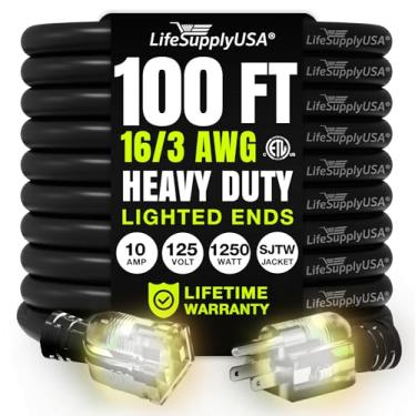 Imagem de LifeSupplyUSA - Cabo de extensão 16/3 SJTW com extremidade iluminada, preto – interior / exterior resistente, extra durabilidade, 10 A, 125 V, 1250 W, ETL