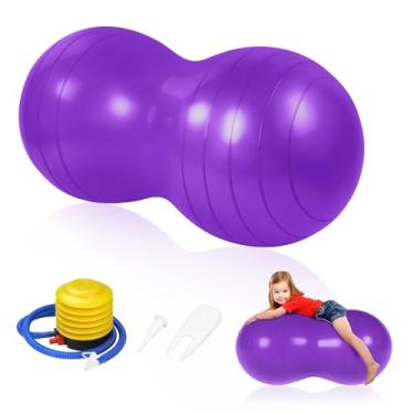 Imagem de flintronic Bola de fitness Peanut, bola de amendoim infantil, bola de exercícios de ioga com bomba de pé inflável, antiexplosiva, para ioga, pilates, terapia, gravidez – 90 x 45 cm | roxo