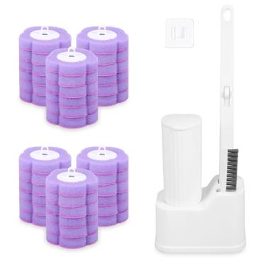 Imagem de Kit de limpeza de escova de vaso sanitário 2 em 1, descartável, conjunto de escova e suporte de vaso sanitário montado na parede com 36 cabeças de substituição, limpeza profunda de 360° para banheiro
