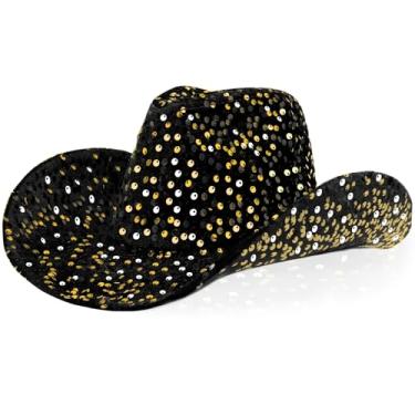 Imagem de Chapéu de vaqueira para mulheres, estilo ocidental, lantejoulas, chapéu de cowboy para discoteca, chapéu de cristal para festa à fantasia de casamento de carnaval (preto dourado)