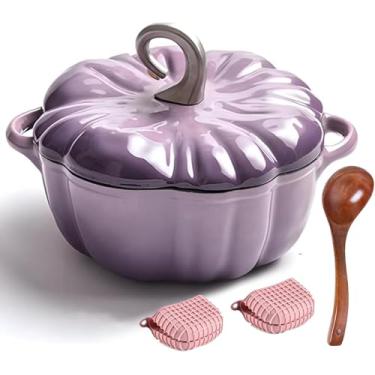 Imagem de Panela De Abóbora Laranja Esmaltada De Ferro Fundido Com Tampa Panela De Forno Holandês De Abóbora Antiaderente Panela De Sopa Serve 3-5, Purple