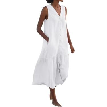 Imagem de Primavera Verão Sem Mangas Vestido De Linho De Algodão Vestidos De Verão Para Mulheres Sem Mangas Bolsos Férias Maxi Vestidos, Milky, XL