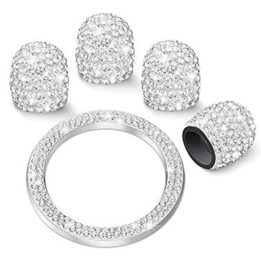 Imagem de WINKA 4 peças de tampas de haste de válvula de pneu de carro de strass com 1 peça capa de botão de motor de carro brilhante anel de ignição inversa para carro chaveiro anel diamante tampas de pneu de
