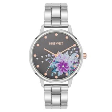 Imagem de Nine West Relógio feminino com mostrador floral com detalhes de cristal, Prata