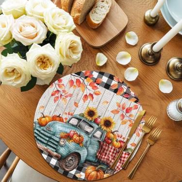 Imagem de Jogo americano de mesa redonda de Ação de Graças Teal Farmhouse, conjunto de 2 tapetes de mesa redonda de outono de abóbora e girassol laváveis para mesas de jantar, decoração de festa de cozinha, à