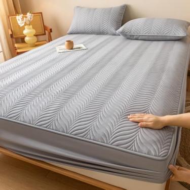 Imagem de Lençol de elástico macio e aconchegante protetor de colchão acolchoado confortável capa de colchão luxuosa, bolso profundo para colchão, impermeável sem ruído, colcha cinza | | 150 x 200 cm (conjunto
