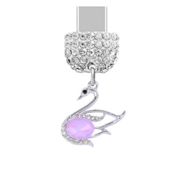 Imagem de ELISE & FONDA TP920 Tipo-C porta de carregamento cristal antipoeira pequeno 3D Swan pingente de celular para iPhone 15/16/Samsung/OnePlus/Xiaomi/oppo telefones Android (Roxo)