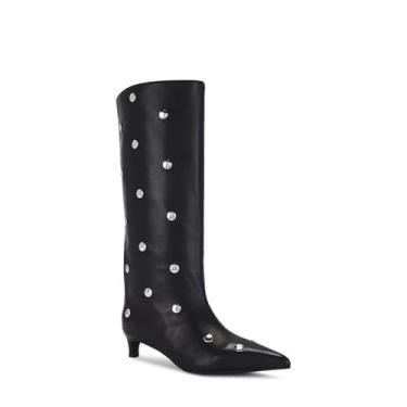 Imagem de KIFIWUI Botas de cano alto femininas bico fino salto gatinho casual moda botas longas, Preto/prata, 35