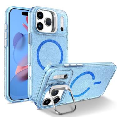 Imagem de LYJSMGZ Capa magnética para iPhone 17Pro Max/17/17Pro/17Air, glitter translúcido com suporte, capa para câmera, à prova de choque, antiamarelamento, azul, 17pro Max