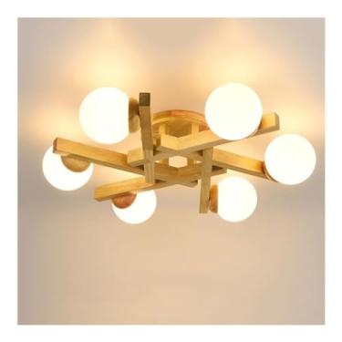 Imagem de Lustre Sputnik de vidro leitoso de 6 luzes - V-intage Mid Century Lighting, luminária de teto semi-embutida de madeira de fazenda compatível com quarto, sala de jantar, cozinha, lavanderia -