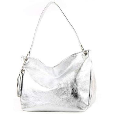 Imagem de modamoda de - T154 - bolsa de ombro feita de couro italiano, Prata metálica