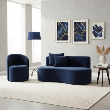 Imagem de Conjunto 01 Poltrona + Sofá Curvo Orgânico Nature Gaia Veludo Azul Mar