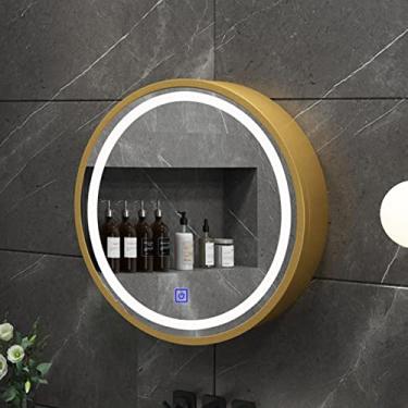 Imagem de AKALNNB Armário de espelho redondo inteligente com porta aberta - Armário de espelho redondo de banheiro de madeira maciça - Armário de armazenamento de banheiro para parede
